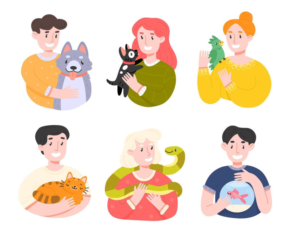 conjunto de ilustraciones vectoriales de dueños de mascotas felices. colección de personas sonrientes con diferentes mascotas en estilo de dibujos animados planos. elementos aislados sobre fondo blanco. vector