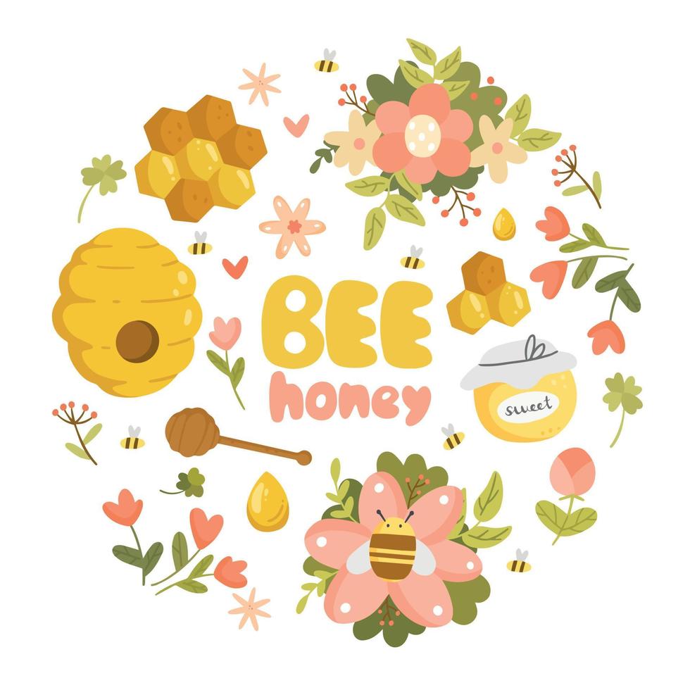 Honey set with objects in cartoon doodle style isolated on white background. Vector illustration. Honey, bee, beehive, flowers.