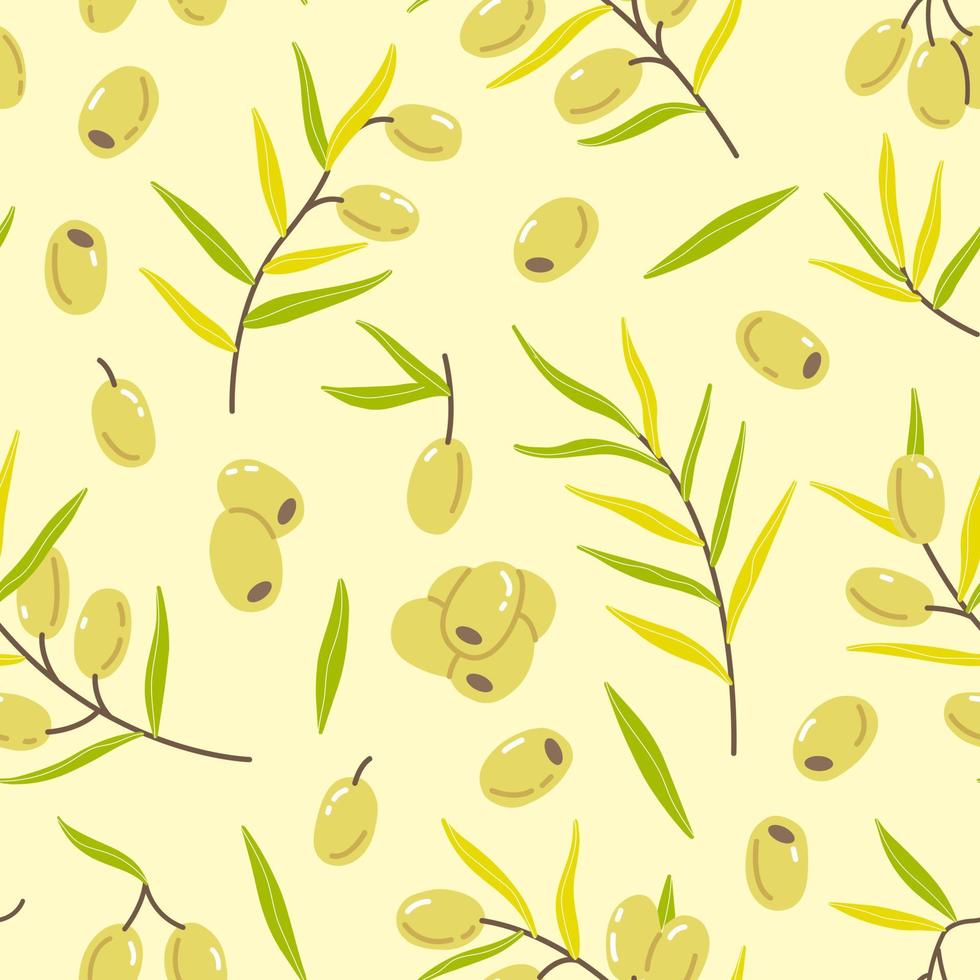 Seamless pattern with olives, twigs and leaves in a simple cute cartoon flat style in pastel colors. Vector illustration background.