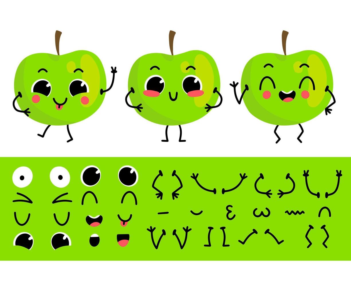 manzana verde. conjunto para crear un divertido personaje de dibujos animados de manzana. ilustración vectorial del constructor de caracteres. vector