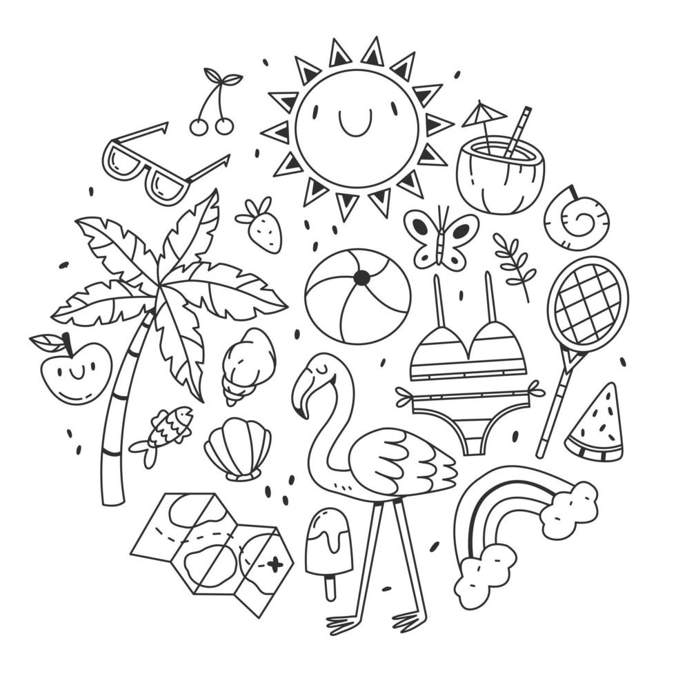 Set of items on the theme of summer and the beach in the shape of a circle in a cute cartoon doodle style. Vector black and white illustration isolated on white background.
