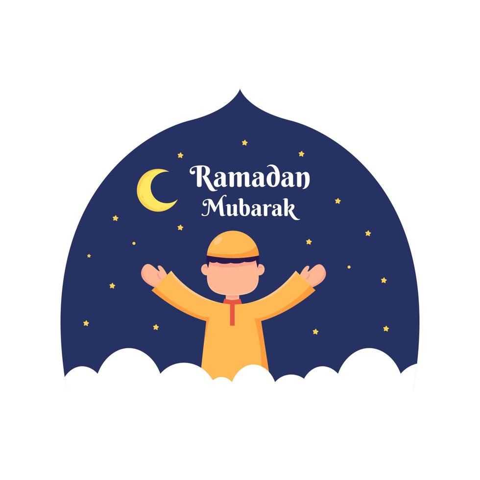 ilustración de ramadan kareem con el concepto de personaje musulmán infantil. estilo de dibujos animados de diseño plano vector