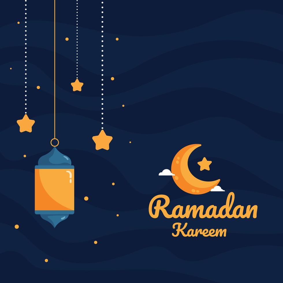 Ramadan Kareem Illustration With Crescent Moon And Lantern Concept. Flat Design Cartoon Style vector