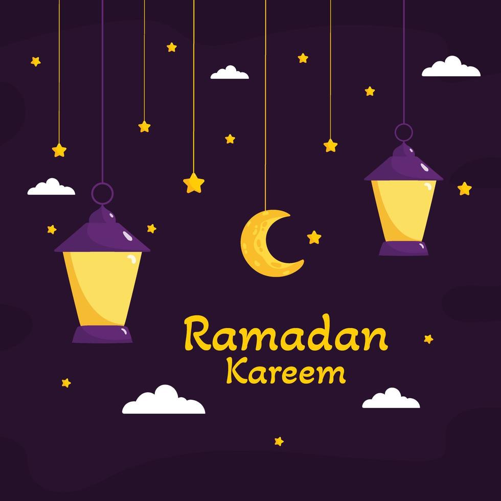 Ramadan Kareem Illustration With Crescent Moon And Lantern Concept. Flat Design Cartoon Style vector