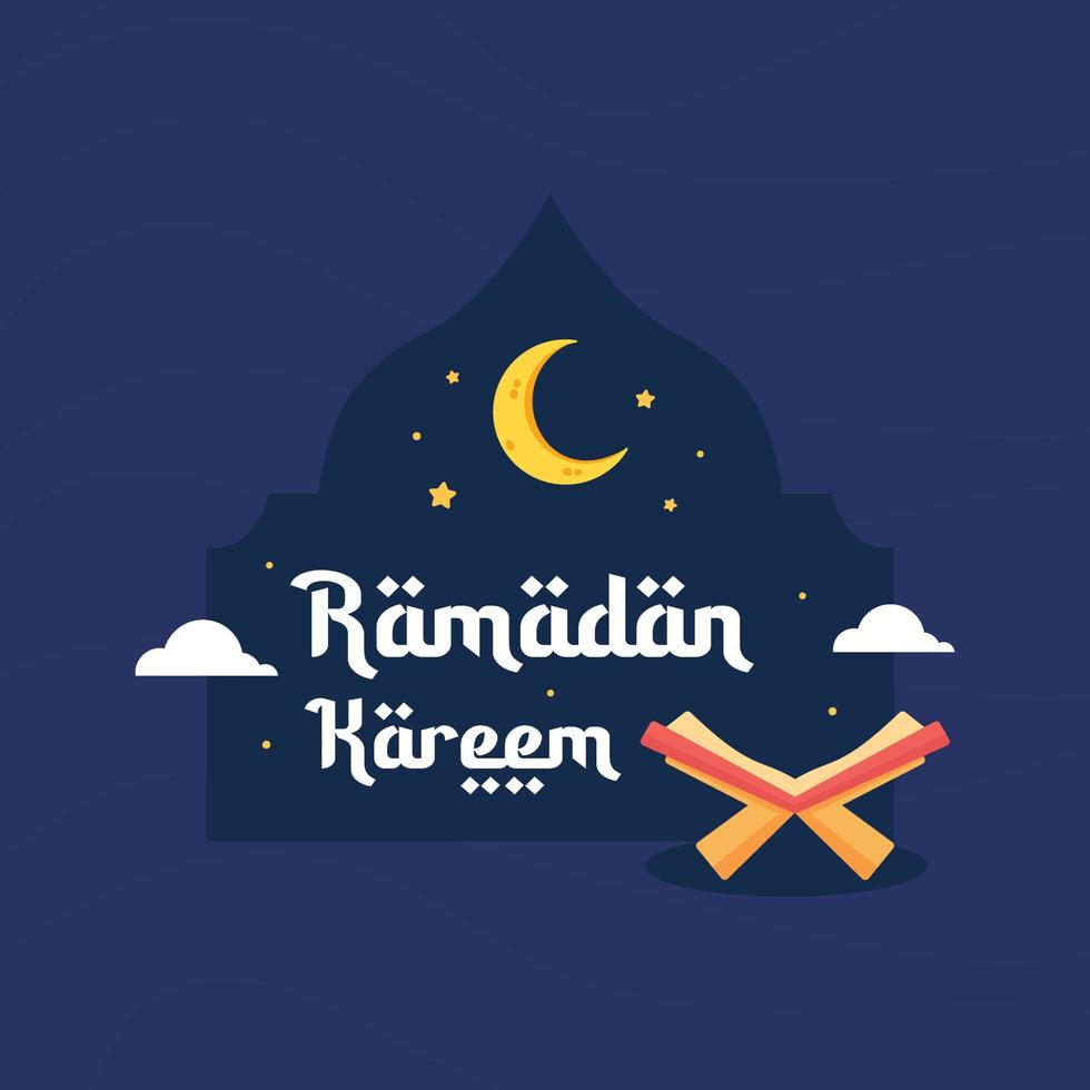 Ramadan Kareem Illustration With Al Quran And Lantern Concept. Flat Design Cartoon Style vector