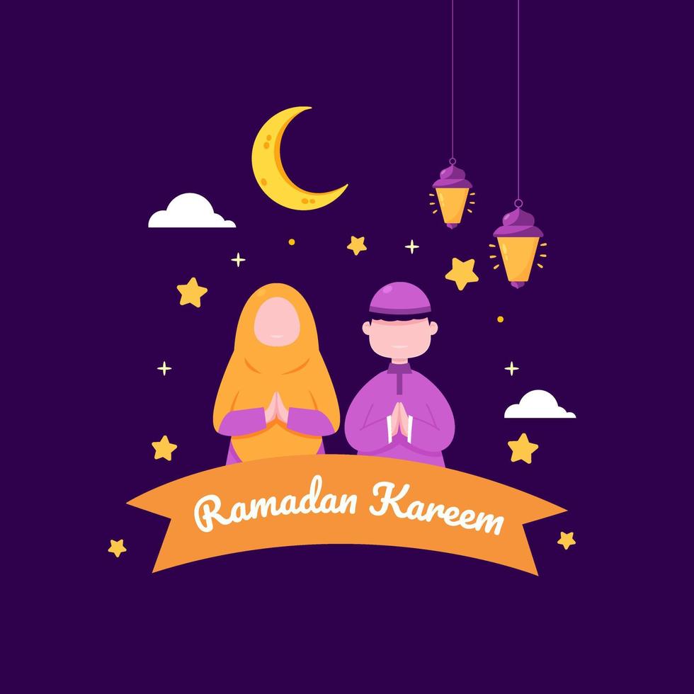 ilustración de ramadan kareem con el concepto de personaje musulmán infantil. estilo de dibujos animados de diseño plano vector