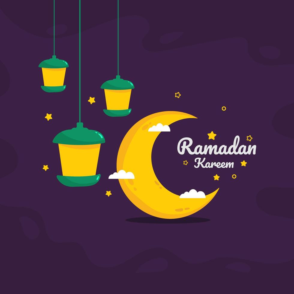 ilustración de ramadan kareem con luna creciente y concepto de linterna. estilo de dibujos animados de diseño plano vector