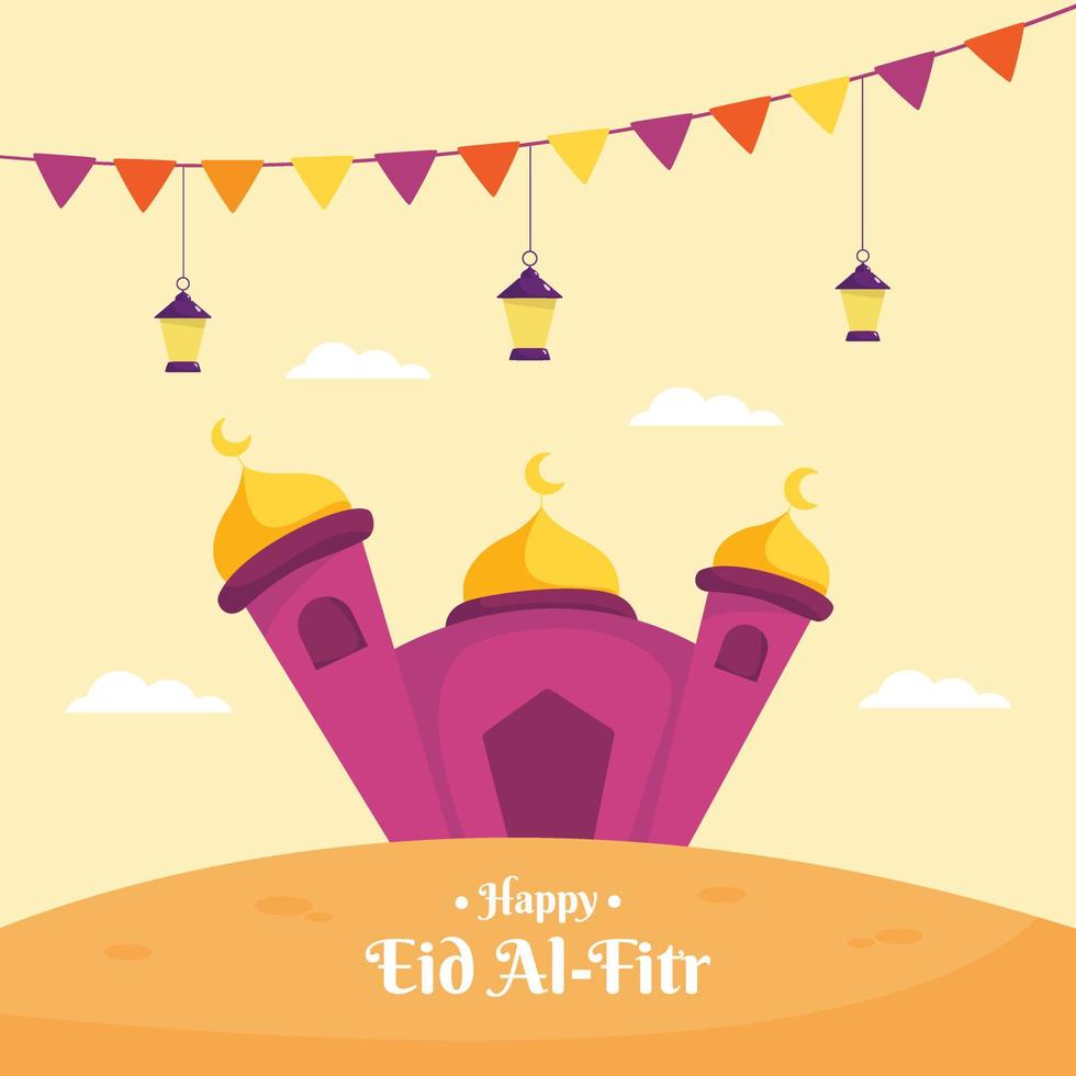 Happy Eid Al Fitr Illustration With Lantern And Mosque Concept. Flat Design Cartoon Style vector