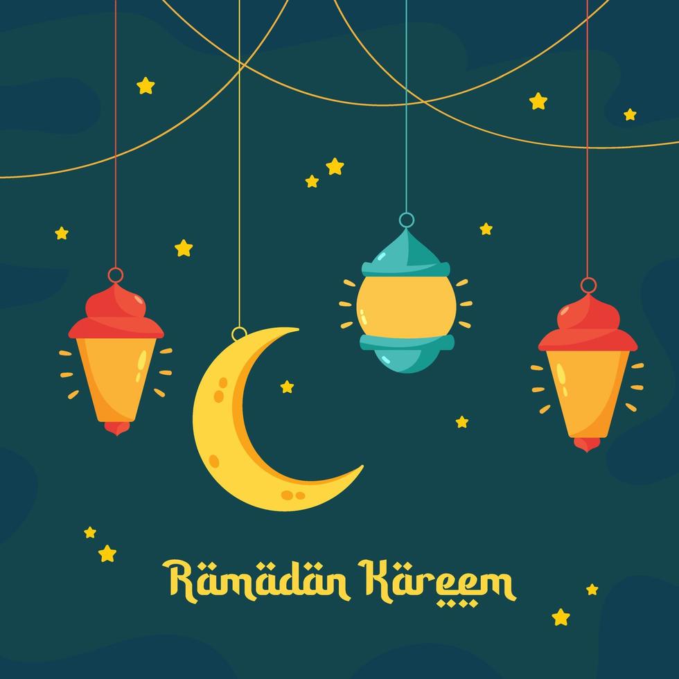 Ramadan Kareem Illustration With Crescent Moon And Lantern Concept. Flat Design Cartoon Style vector