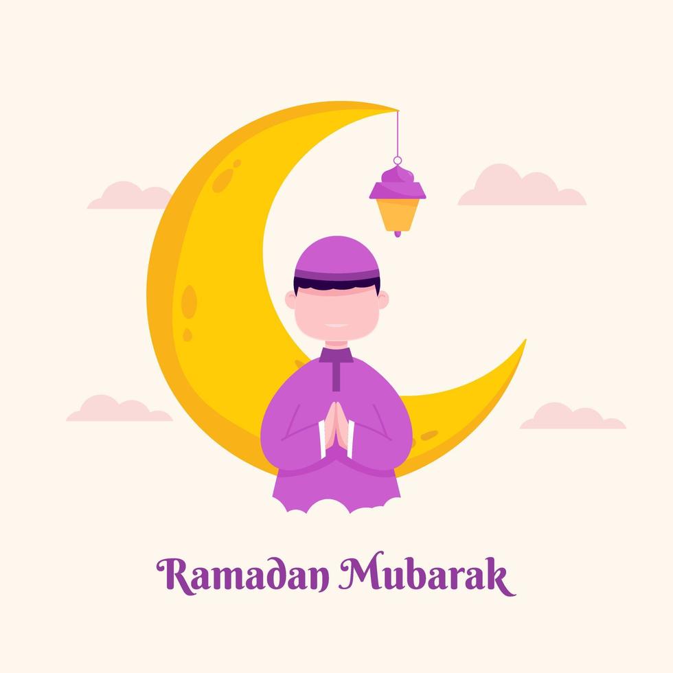 Ramadan Kareem Illustration With Kid Muslim Character Concept. Flat Design Cartoon Style vector