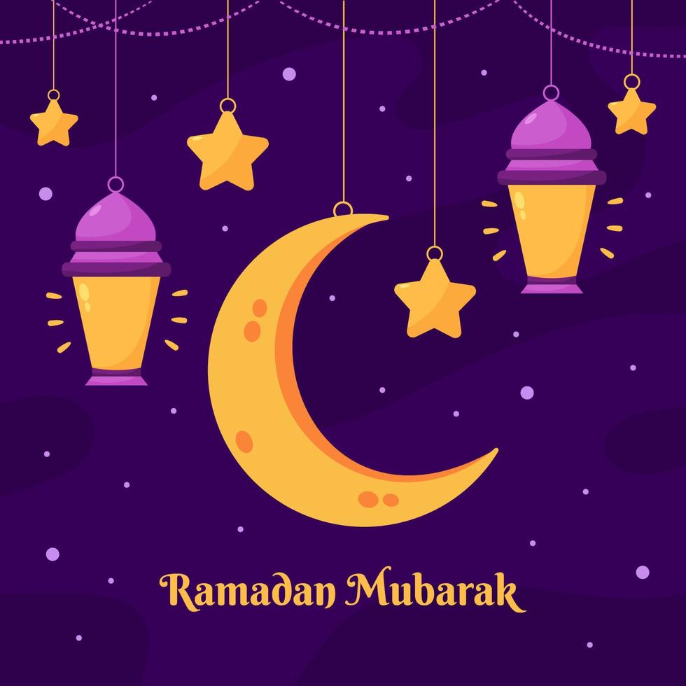 Ramadan Kareem Illustration With Crescent Moon And Lantern Concept. Flat Design Cartoon Style vector