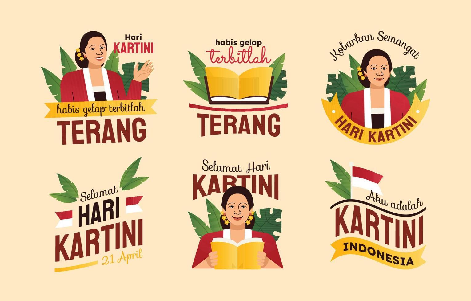 feliz día de kartini colección de pegatinas vector