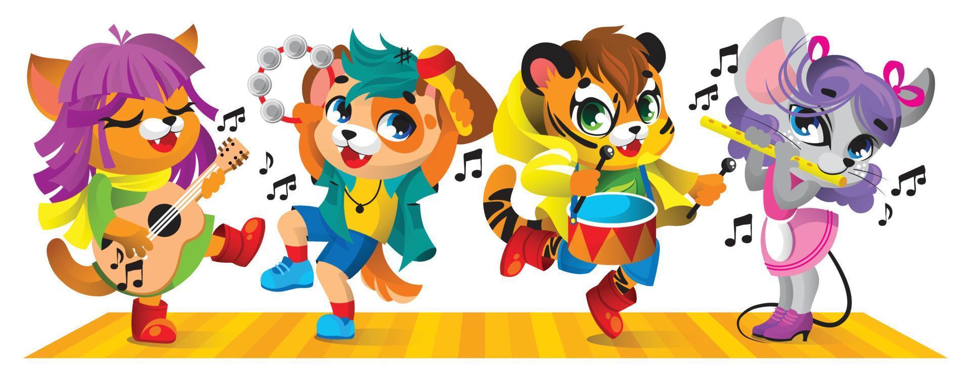 Cute little animals play musical instruments. A cat with a guitar, a dog with a maracas and a tambourine, a tiger with a drum, a mouse with a flute. vector