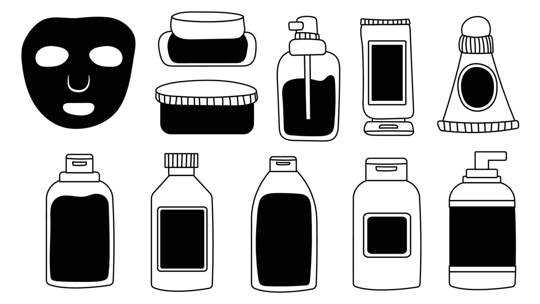 un conjunto de botellas y tubos de cosméticos, tarros para el cuidado de la piel con crema facial, capilar y corporal. estilo de moda para postal, pancarta, plantilla de papel de regalo. trazo editable de ilustración vectorial. vector