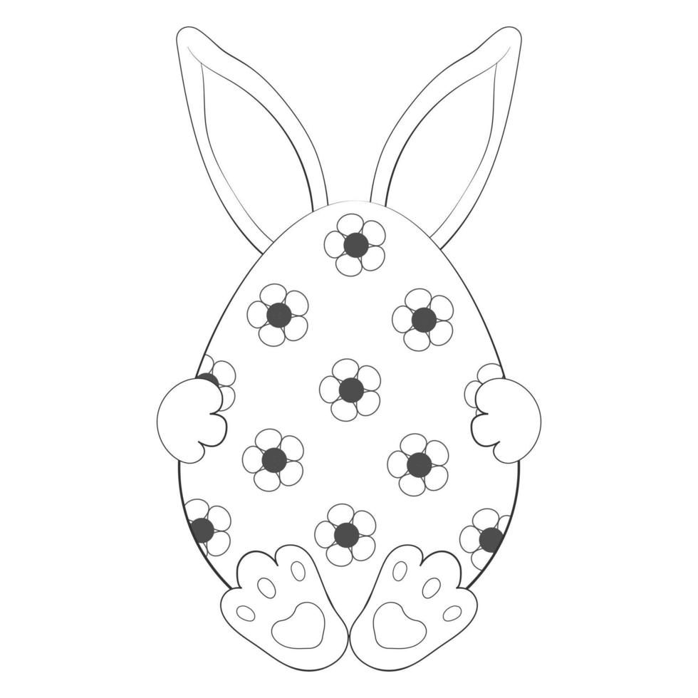 Cute bunny with big egg. Happy Easter. Fun character. Outline. Coloring book. Vector illustration. Isolated on white. Monochrome image