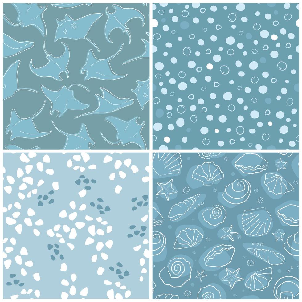 A set of seamless patterns on the sea ornament. Print with stingray fish, seashells, mollusks, simple shapes. Vector graphics.