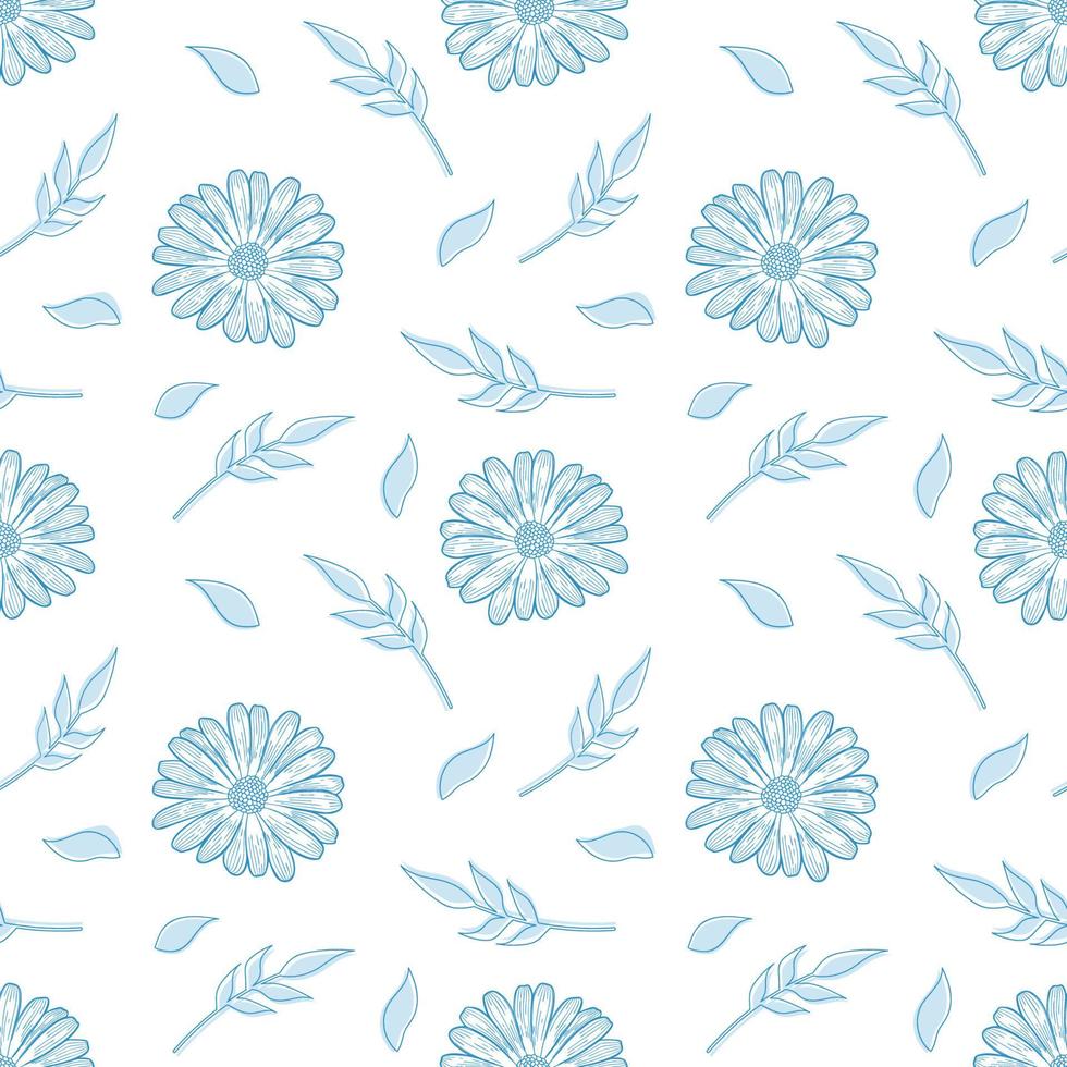 Vector seamless floral pattern. Blue contouring elements on a white background. Can be for wallpaper, tiles, fabrics and dishes