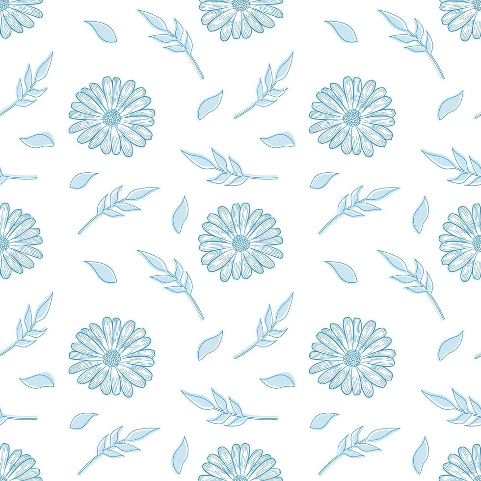 Vector seamless floral pattern. Blue contouring elements on a white background. Can be for wallpaper, tiles, fabrics and dishes