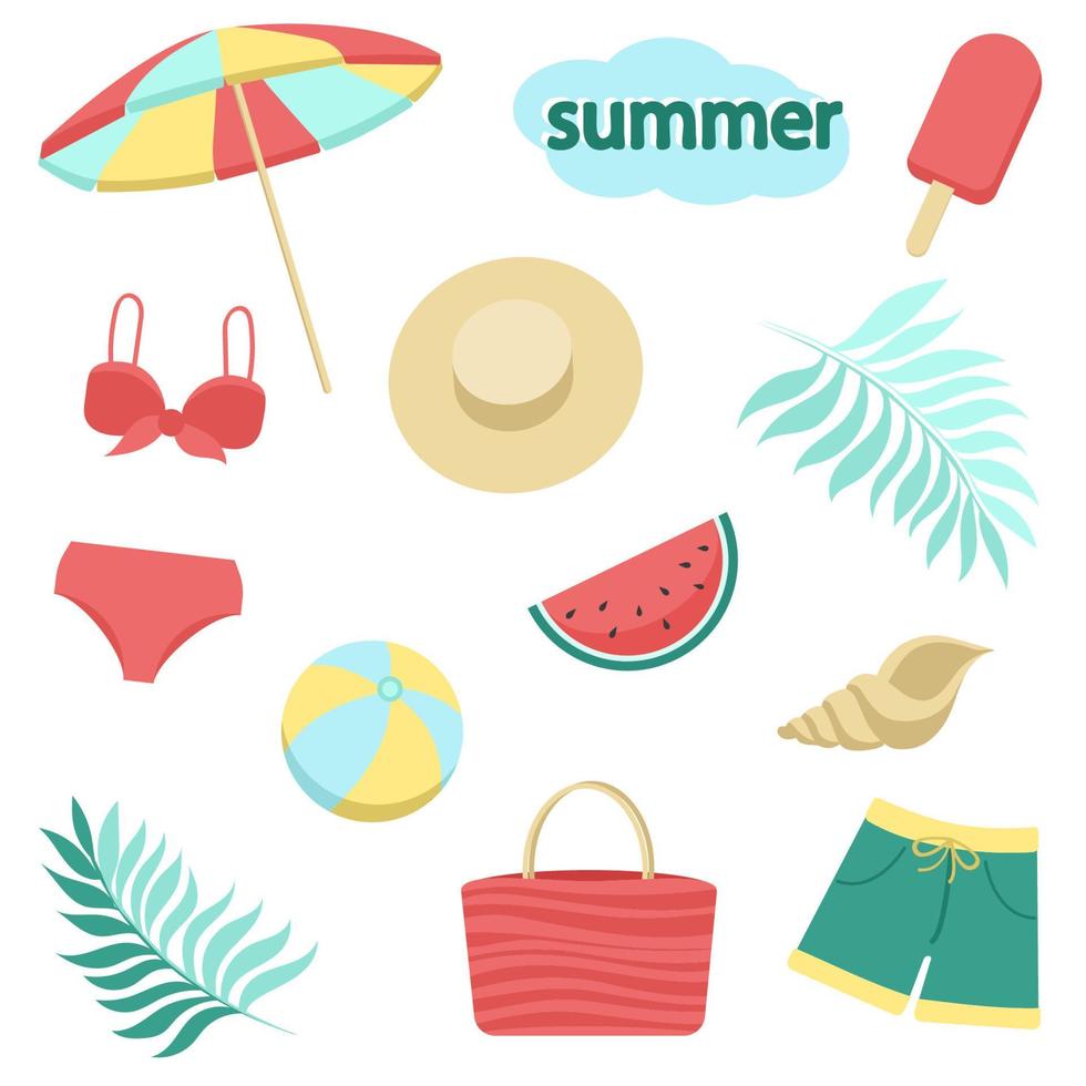 Summer items set, accessories. Beach umbrella, watermelon, ice cream, hat, swimsuit, shorts, ball, shell, bag and leaves. Modern vector flat image design isolated on white background