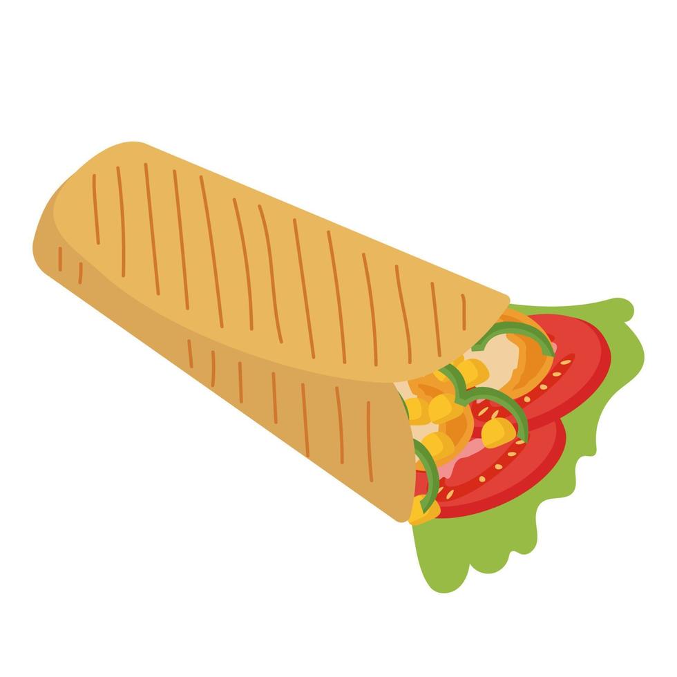 Burrito is a traditional roll with meat, pepper, tomatoes and green salad for the fast food concept. Vector illustration for design or decoration.