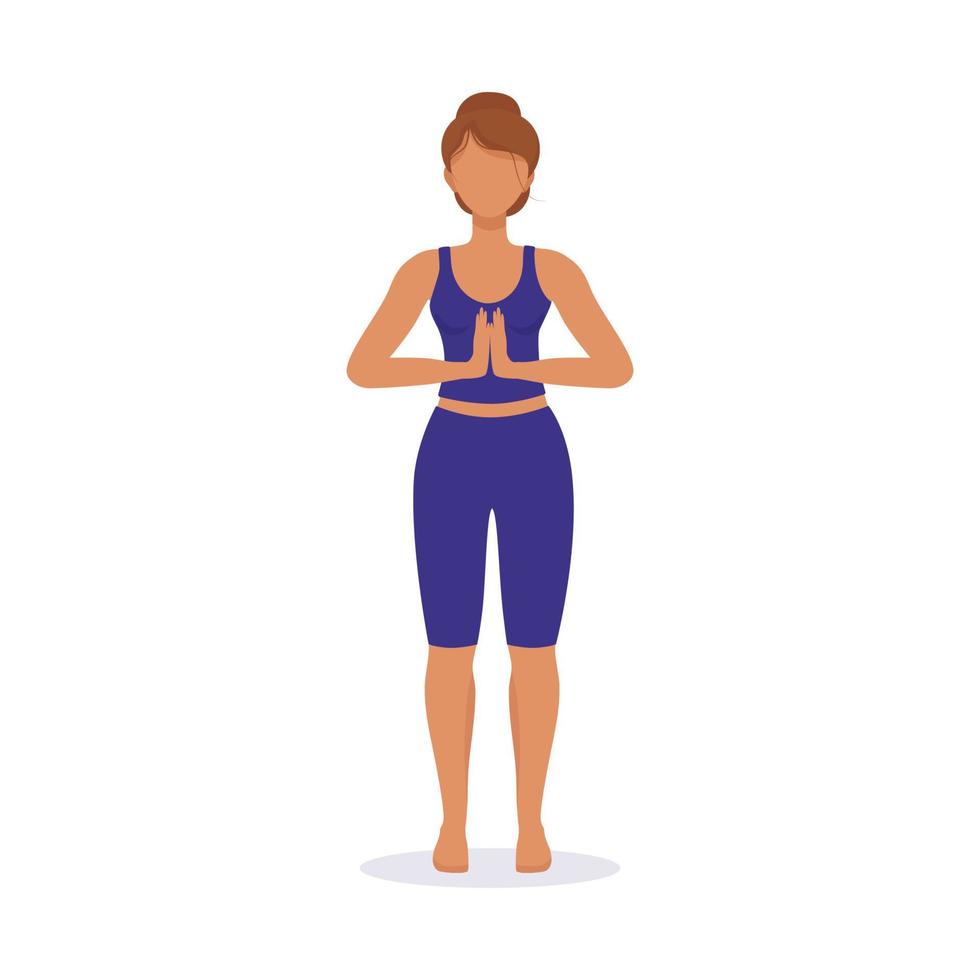 Girl does yoga, stands in the pose of a mountain, hands in namaste. Vector illustration of sports and healthy lifestyle. Ancient Indian practice of spiritual development, health and harmony.