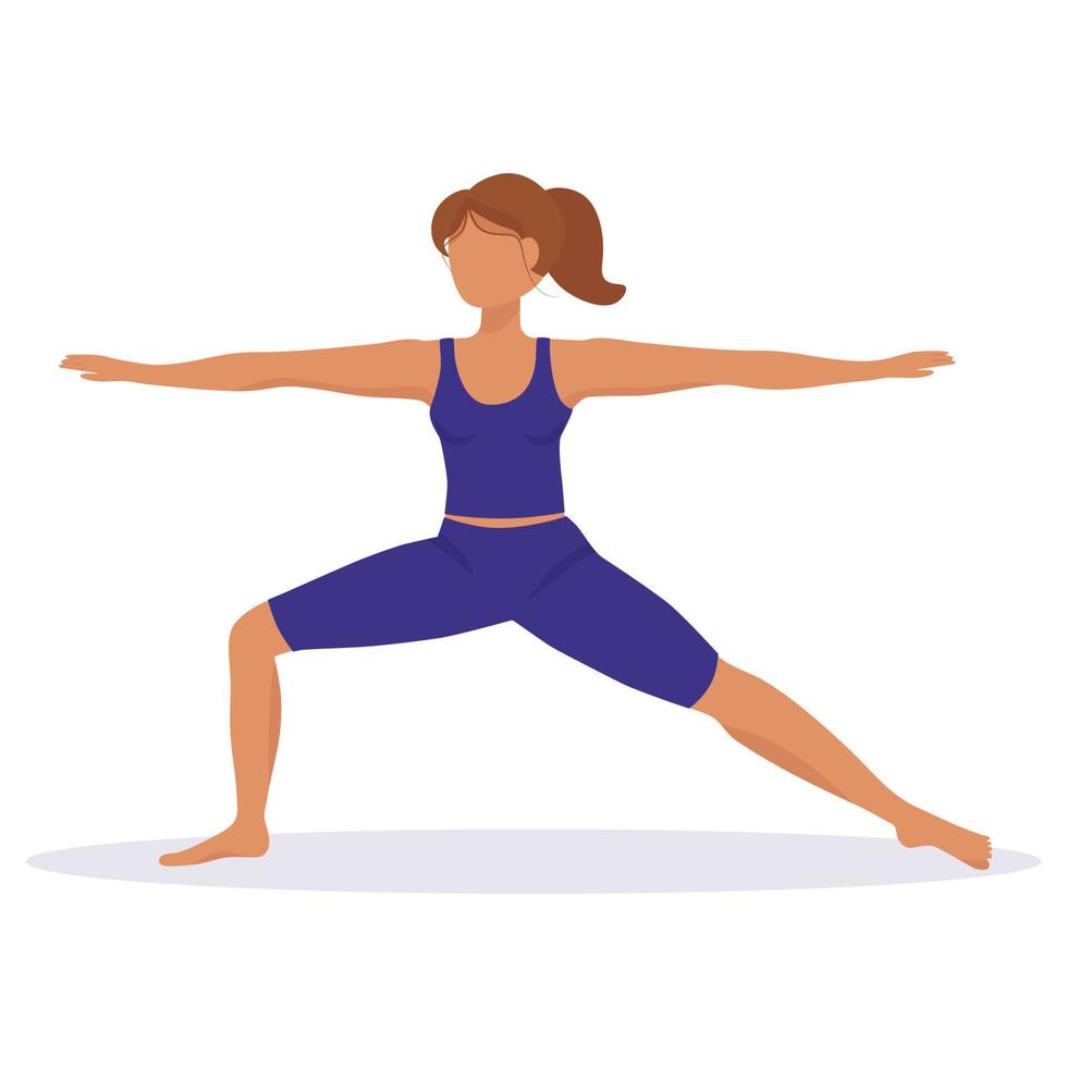 Girl does yoga, stands in the warrior pose. Vector illustration of sports and healthy lifestyle. Ancient Indian practice of spiritual development, health and harmony.