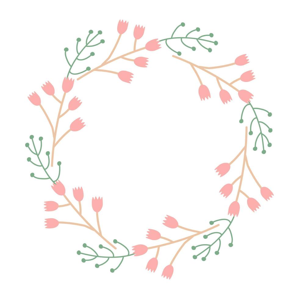 Wreath of delicate pink tulips and green twigs. Festive vector illustration for ordering postcards, invitations. Rustic template for circle-shaped text
