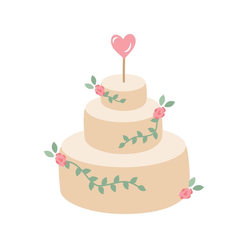 pastel de bodas de tres niveles en estilo rústico, decorado con ramitas, hojas y flores. postre para las vacaciones. acogedor diseño vectorial natural. vector