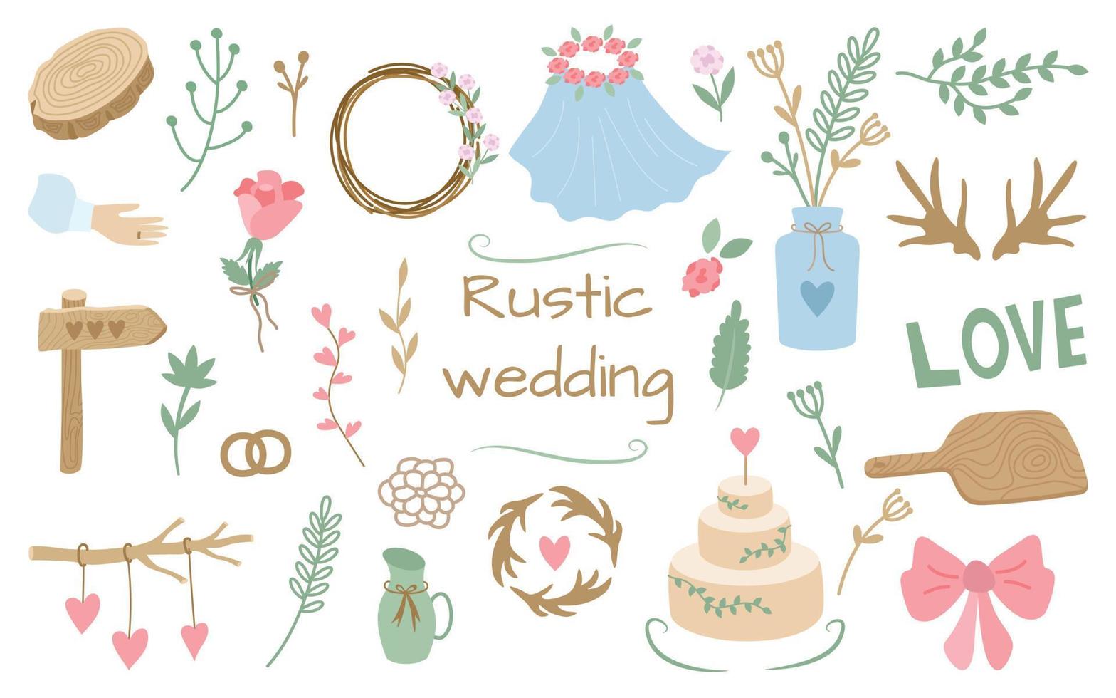 Rustic wedding elements for decoration. Simple uncomplicated flowers, a wreath, a cake, leaves, bouquets, twigs, a tree saw. Cozy natural vector design.