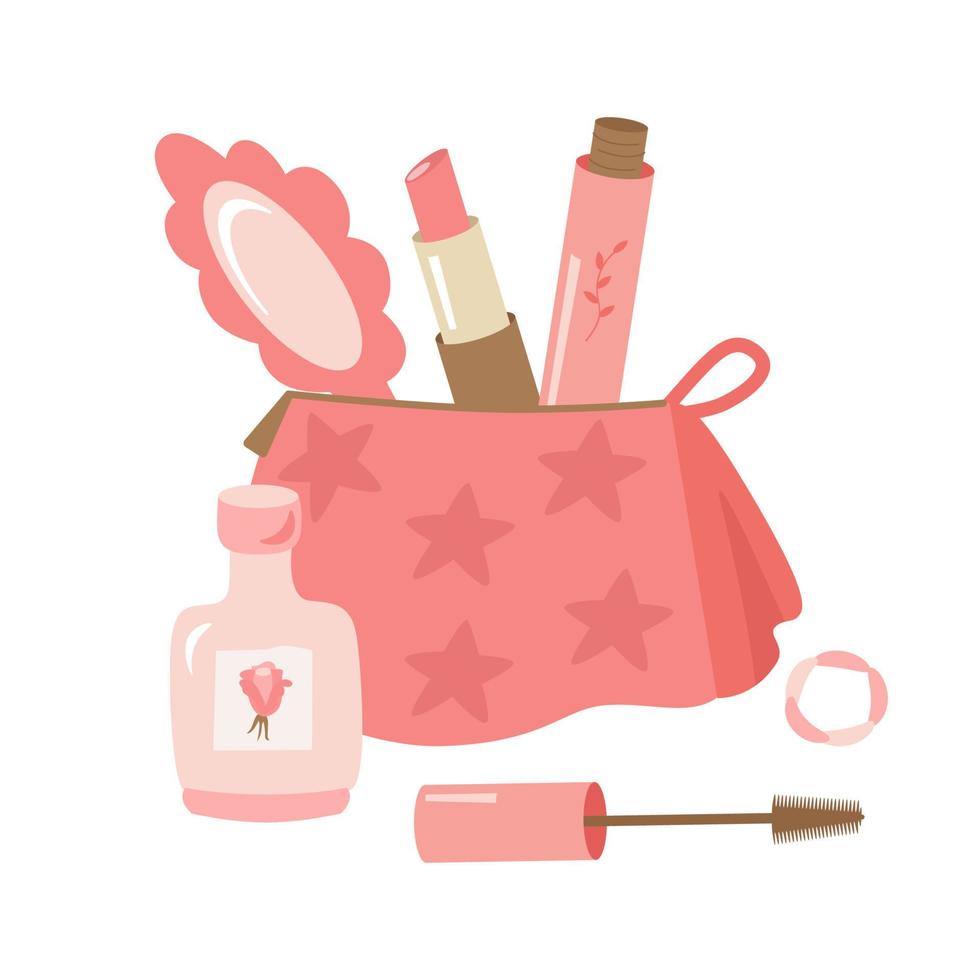 Women's cosmetic bag with lipstick, mascara, perfume, mirror. Isolated vector illustration. A clipart of items for self-care, makeup application.