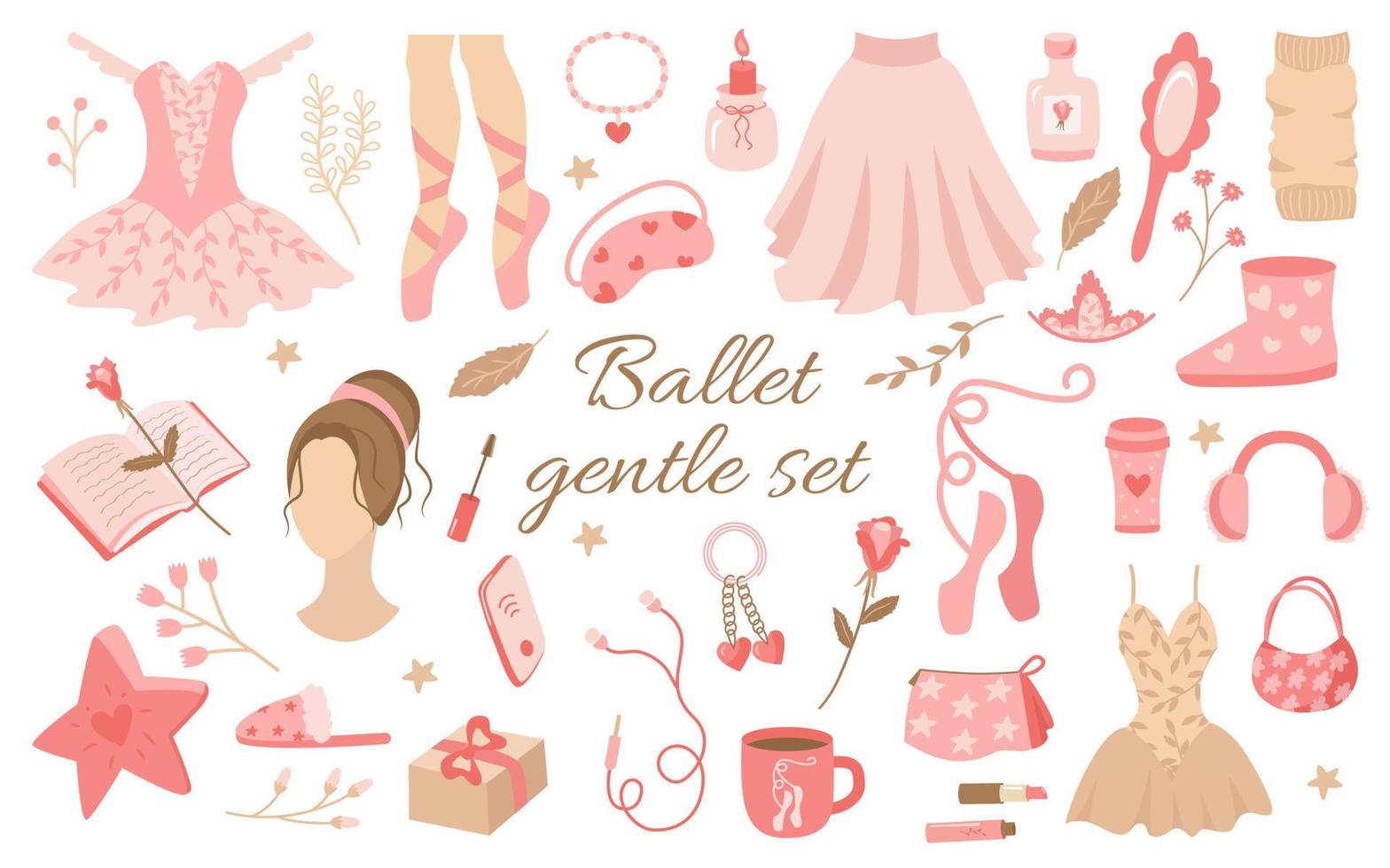 Ballet is a delicate set of feminine elements in shades of pink. Cute items pointe shoes, tutu, perfume, book, candle, ugg boots, phone, headphones, coffee. Vector collection for design or decoration