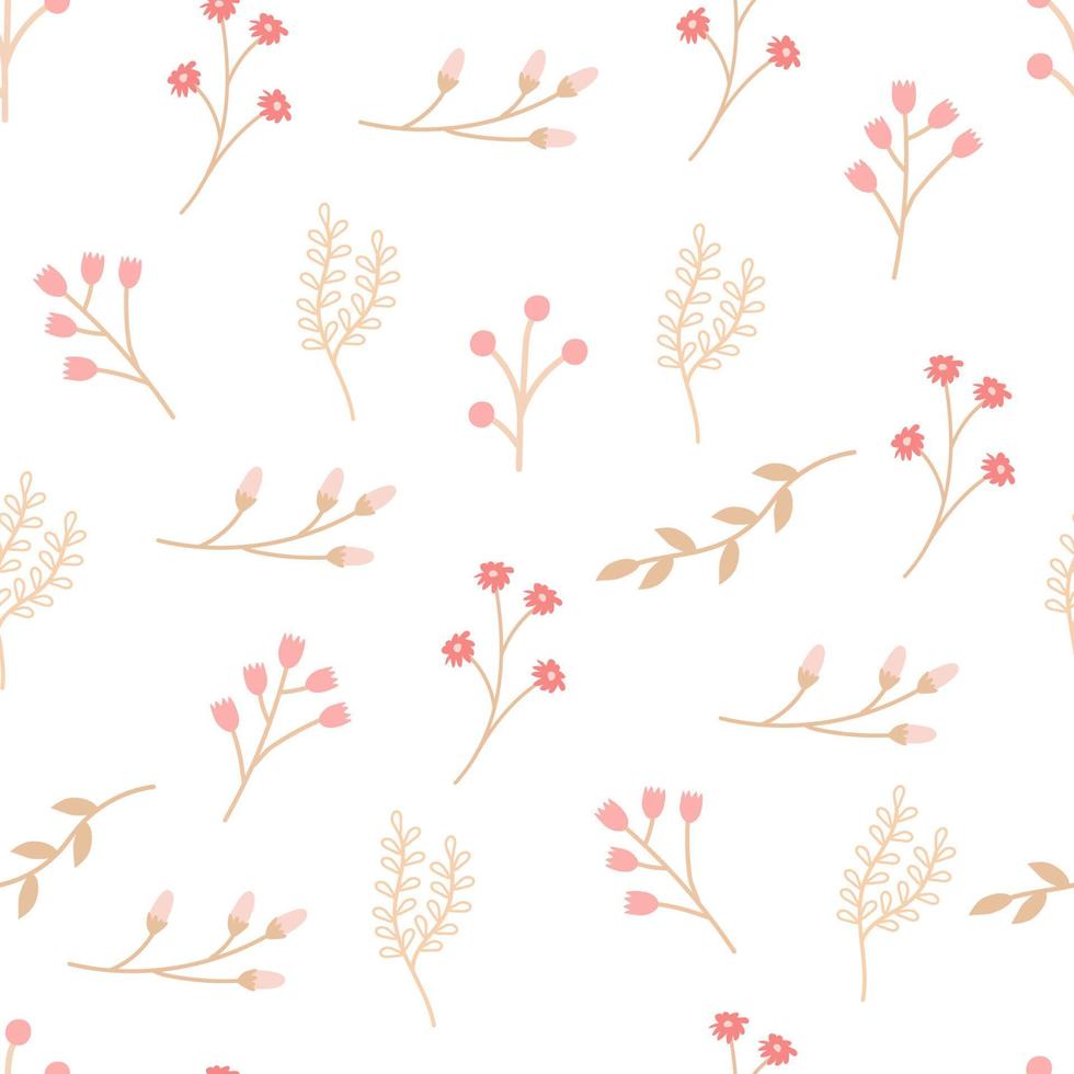 Seamless pattern with twigs, dried flowers, pink flowers in a rustic style. Simple elegant vector background for printing on fabric, paper, packaging, wallpaper