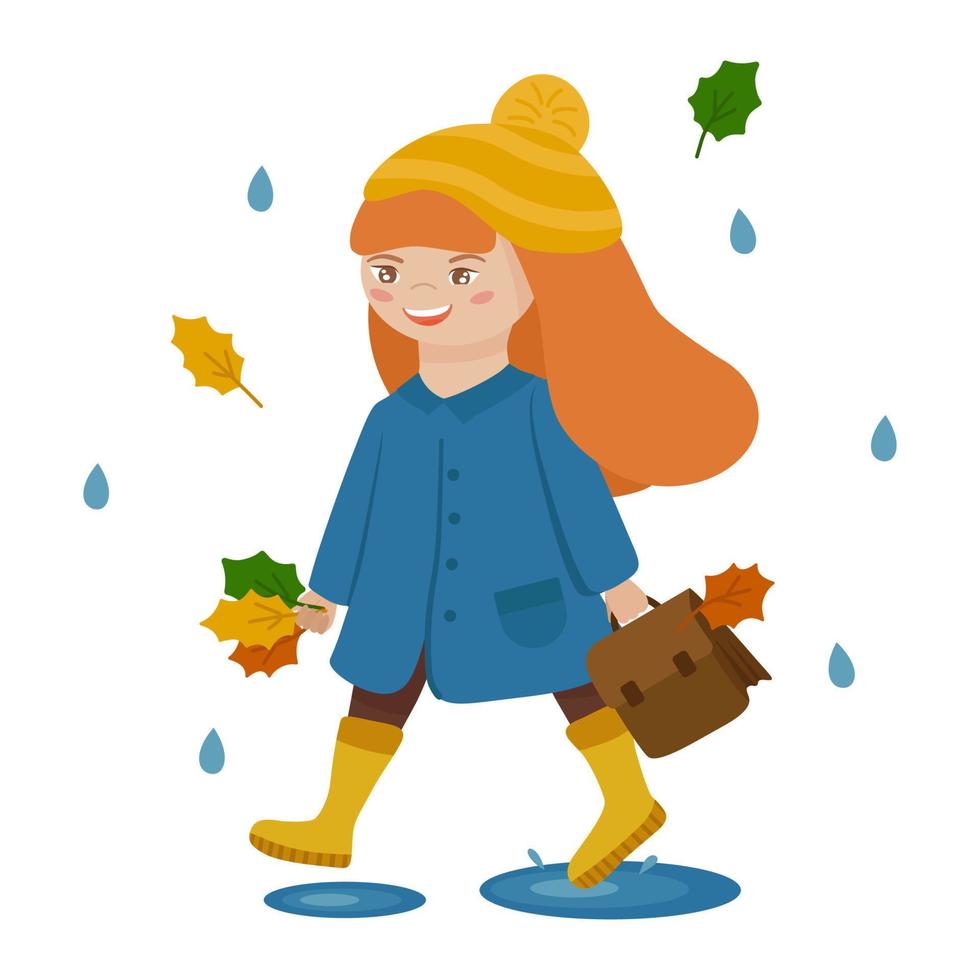 Girl goes to school, carrying a briefcase. It's autumn, it's raining and the leaves are falling. Vector clipart, isolated illustration