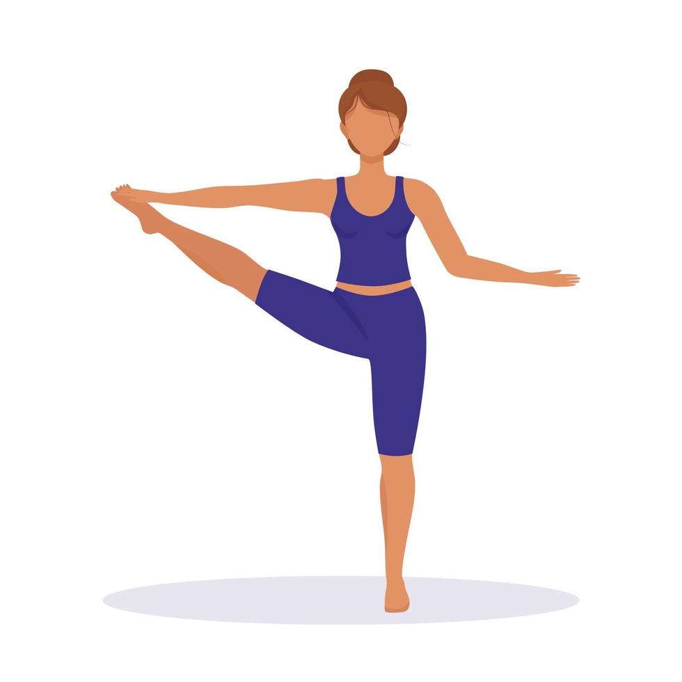 Girl does yoga, stands in the stretching position with her hand, by the toe. Vector illustration of sports and healthy lifestyle. Ancient Indian practice of spiritual development, health and harmony.