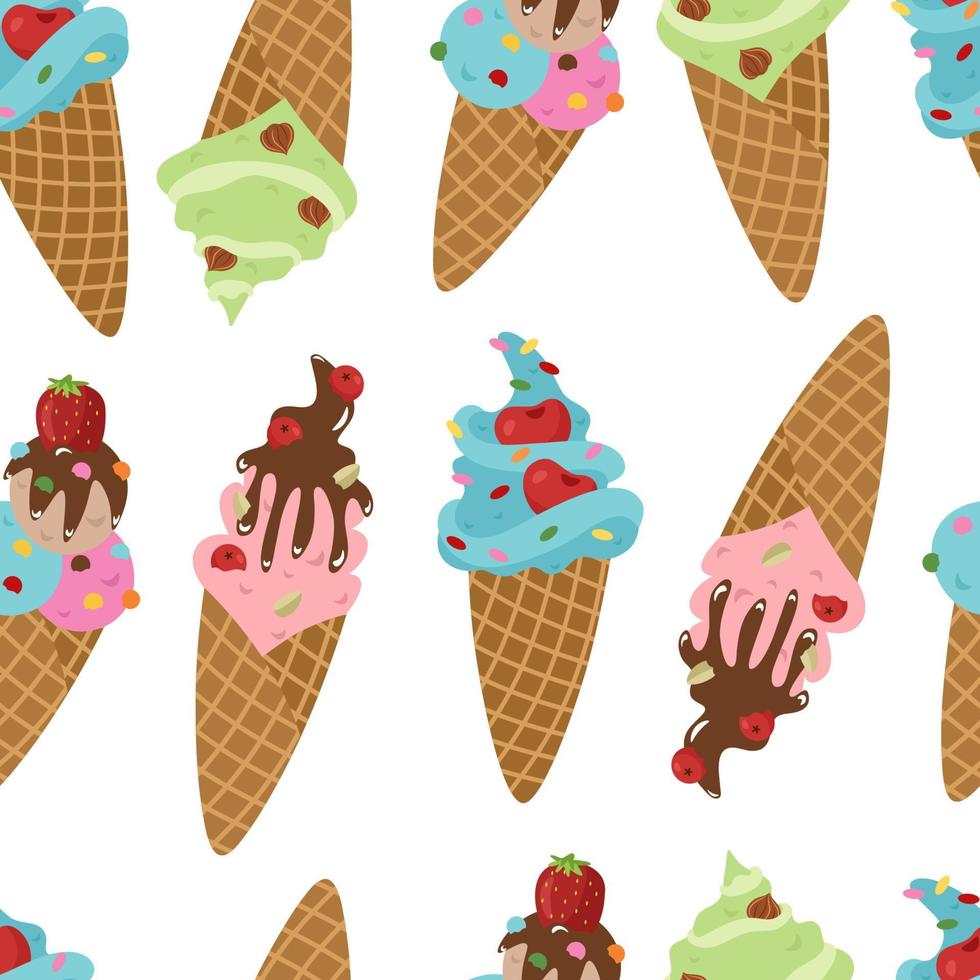 Seamless pattern with ice cream in a waffle cone with a variety of fillings, colored sprinkles, berries, chocolate and nuts. Vector background for printing on paper, fabric, packaging, clothing.