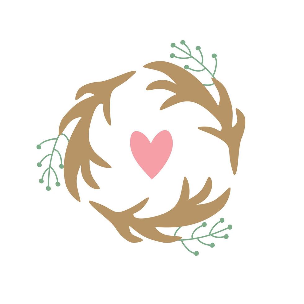 Wreath of brown and green twigs with a pink heart in the center. Festive vector illustration for the design of postcards, invitations. Rustic pattern in the shape of a circle