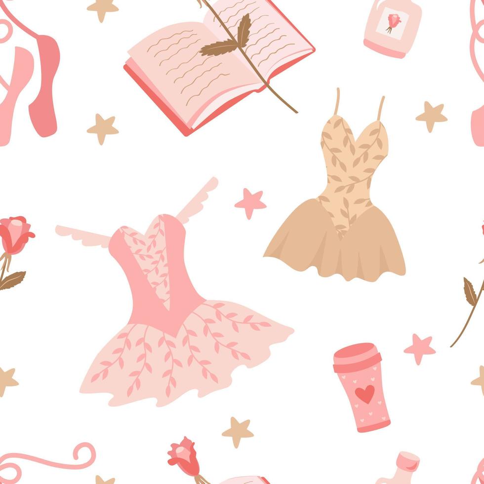 Seamless pattern with cute ballet accessories. Elegant vector background of feminine elements in pink tones for printing on fabric, paper, packaging, wallpaper