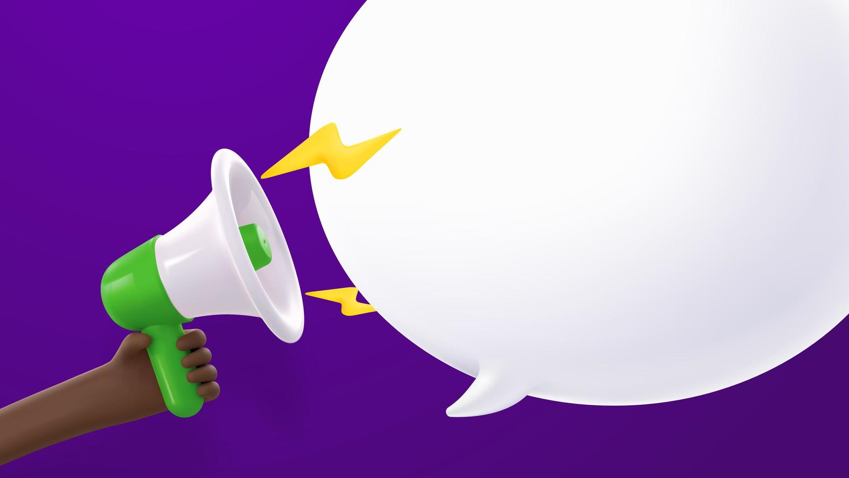 3d cartoon vector African hand holding megaphone digital marketing banner template. Promotion advertising 3d loudspeaker in african american arm and speech bubble.