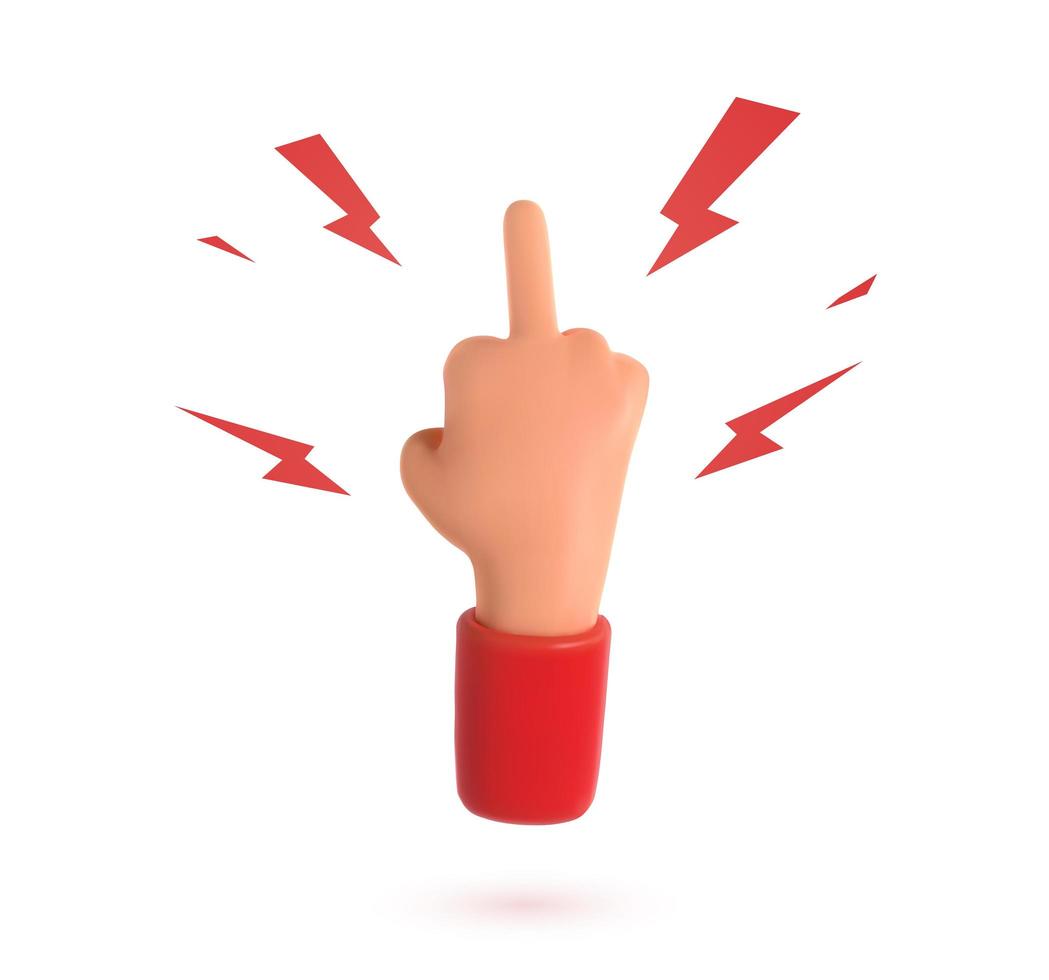 Middle finger hand gesture. Fuck you symbol vector 3d cartoon isolated hand on white background.
