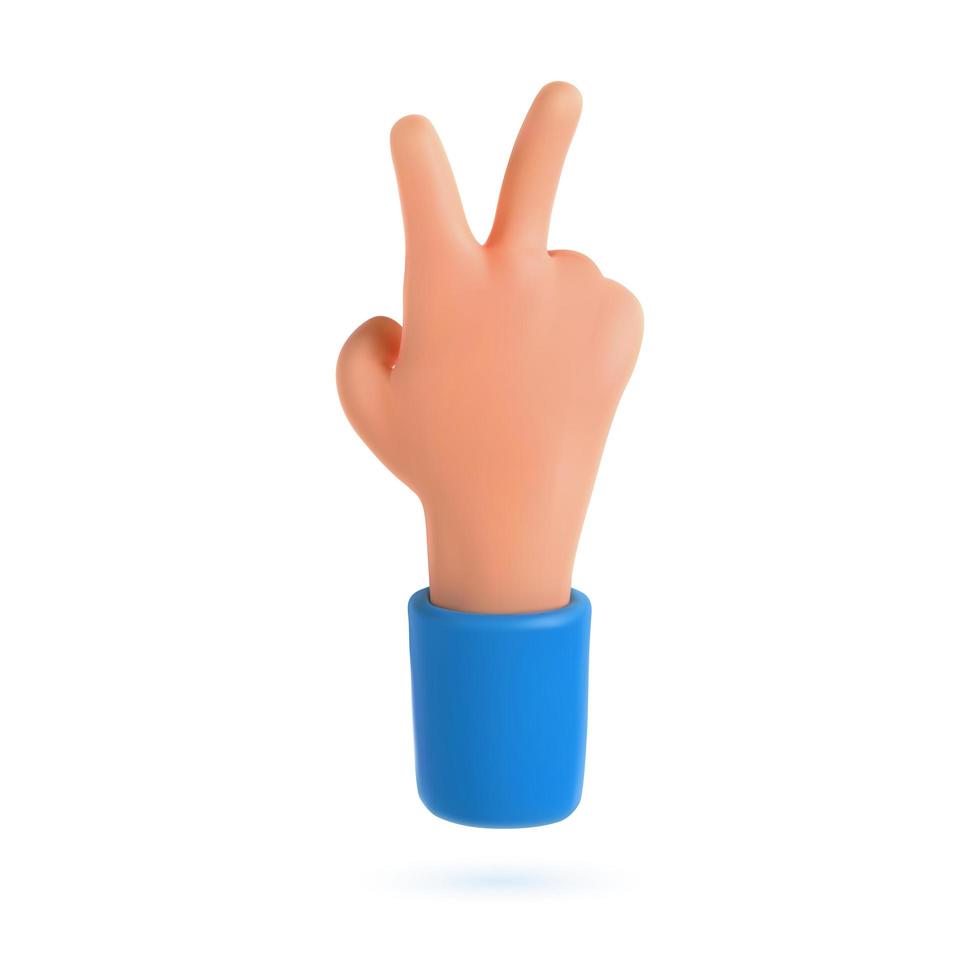 Peace gesture isolated 3d cartoon hand. Two fingers up love symbol and victory sign ui hero character vector