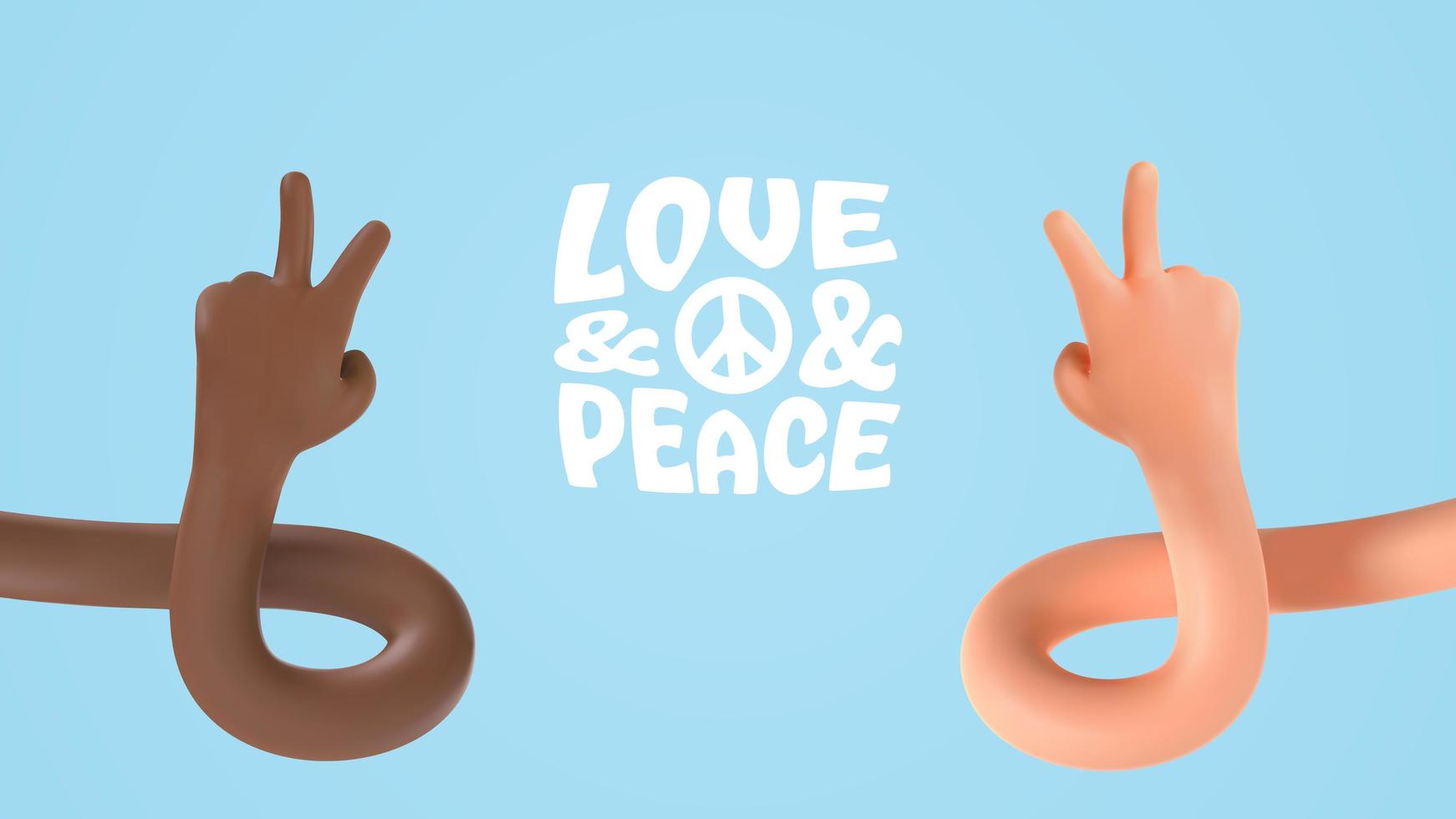 Peace no war 3d vector multi ethnic hands gesturing on blue background. World peace day illustration. Two fingers up love symbol and victory sign ui hero character.