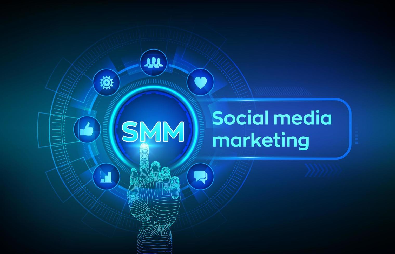 SMM. Social media marketing. Likes, comments, followers and message icons on virtual screen. Robotic hand touching digital interface. Business and internet concept. Vector illustration.