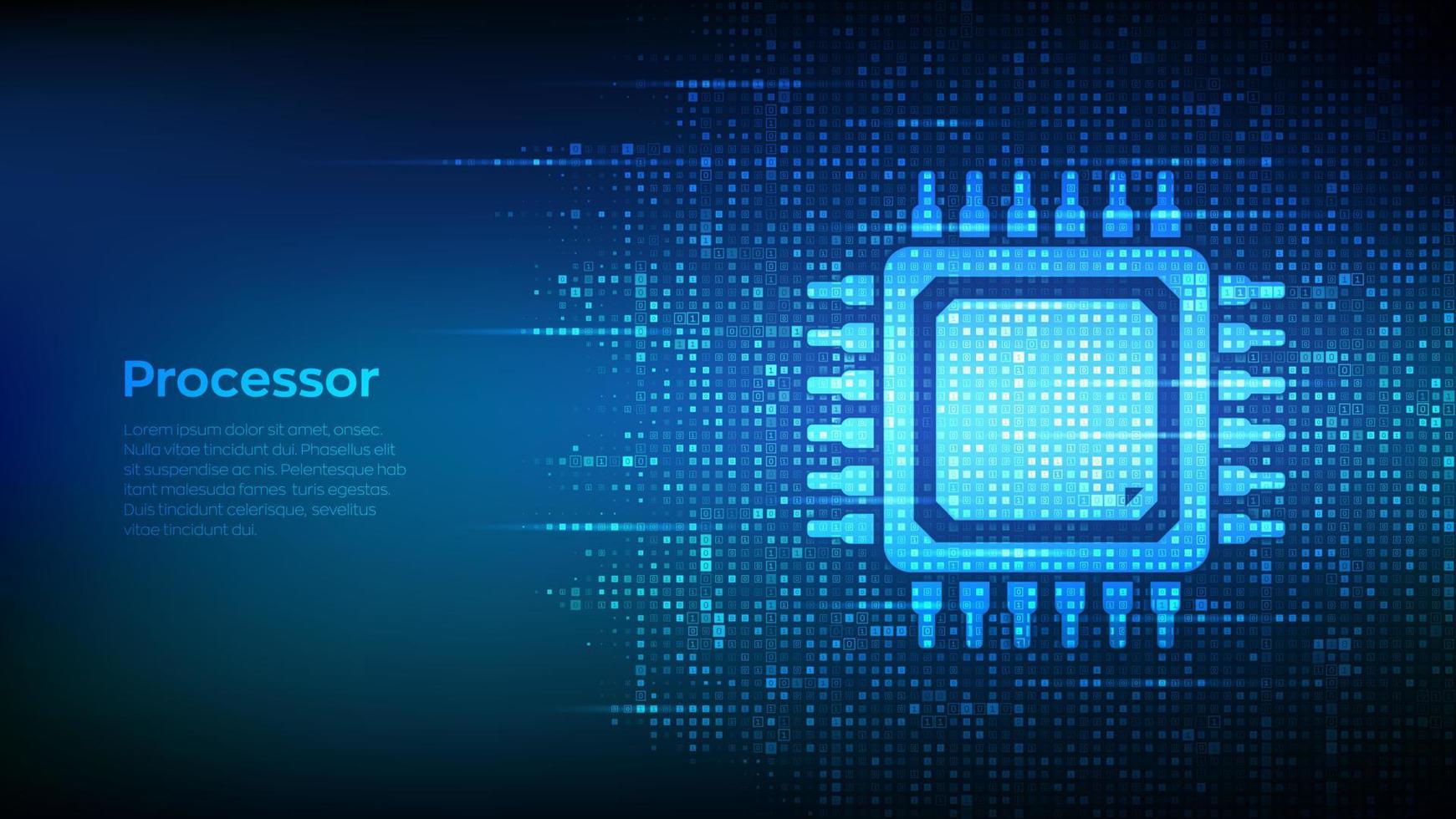 procesador. microprocesador de cpu o icono de chip hecho con código binario. Chip de computadora. chipset ai. datos binarios digitales y transmisión de código digital. Fondo de matriz con dígitos 1.0. ilustración vectorial. vector