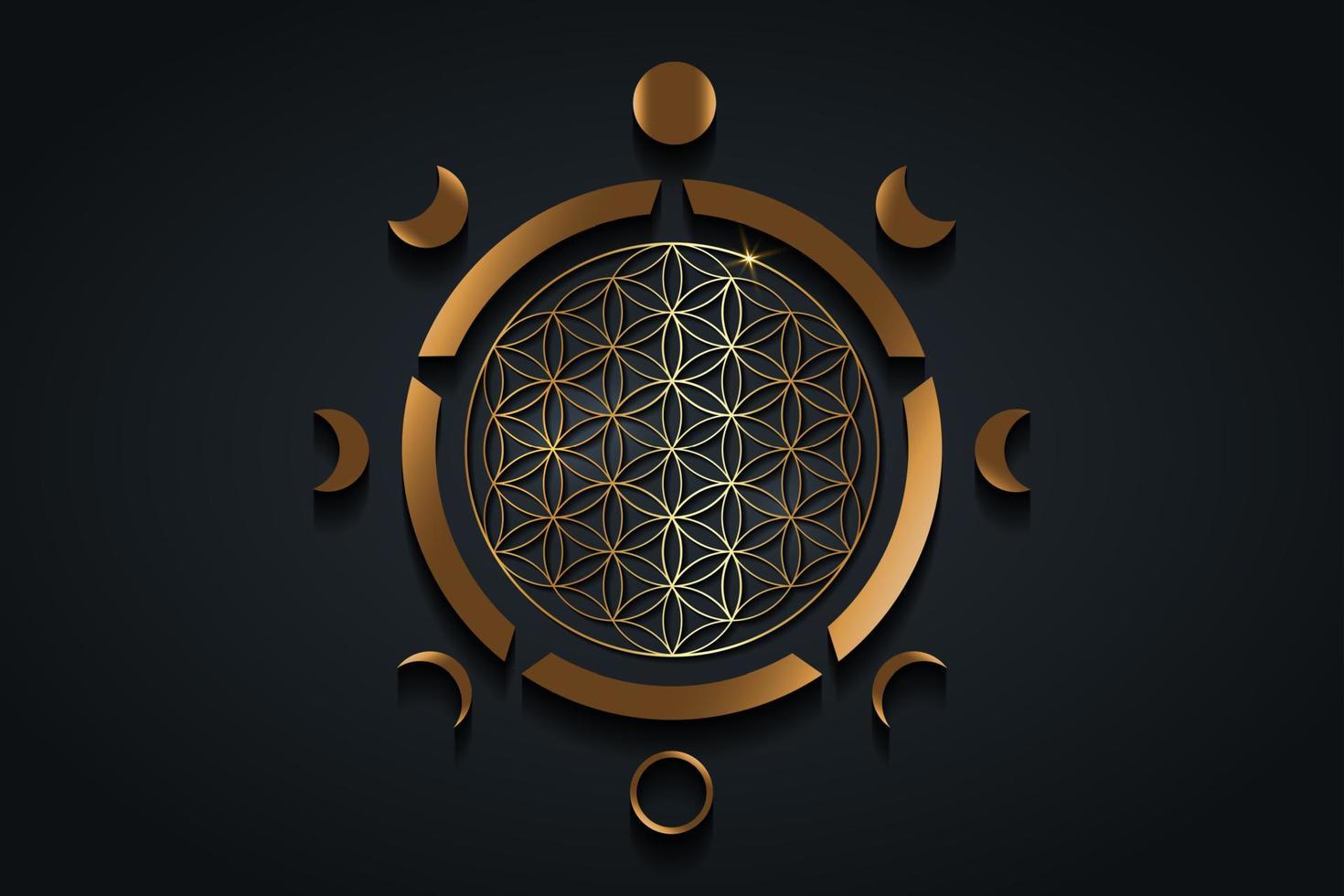 Circle Phases of the moon, flower of life, gold spiritual Yantra mandala, Sacred Geometry. Gold Wiccan symbol, Vector golden round logo isolated on black black background