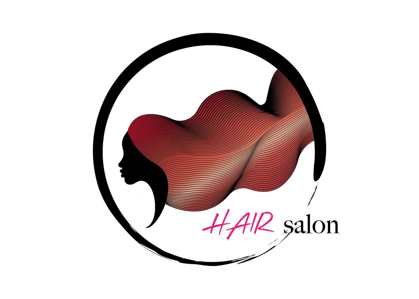 woman long red hair style icon, round circle logo women portrait fashion wave style vector isolated on white background