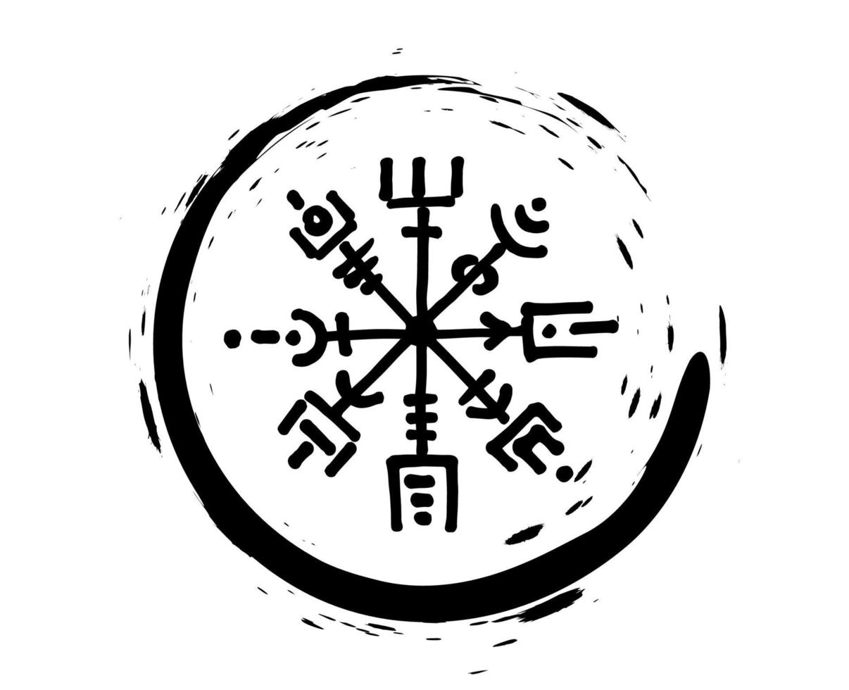 estilo de dibujo de lápiz negro de brújula rúnica vegvisir, dibujo a mano de símbolos vikingos, nórdico sagrado, logotipo de tatuaje redondo, símbolos mágicos rúnicos grunge, ilustración vectorial aislada en fondo blanco vector