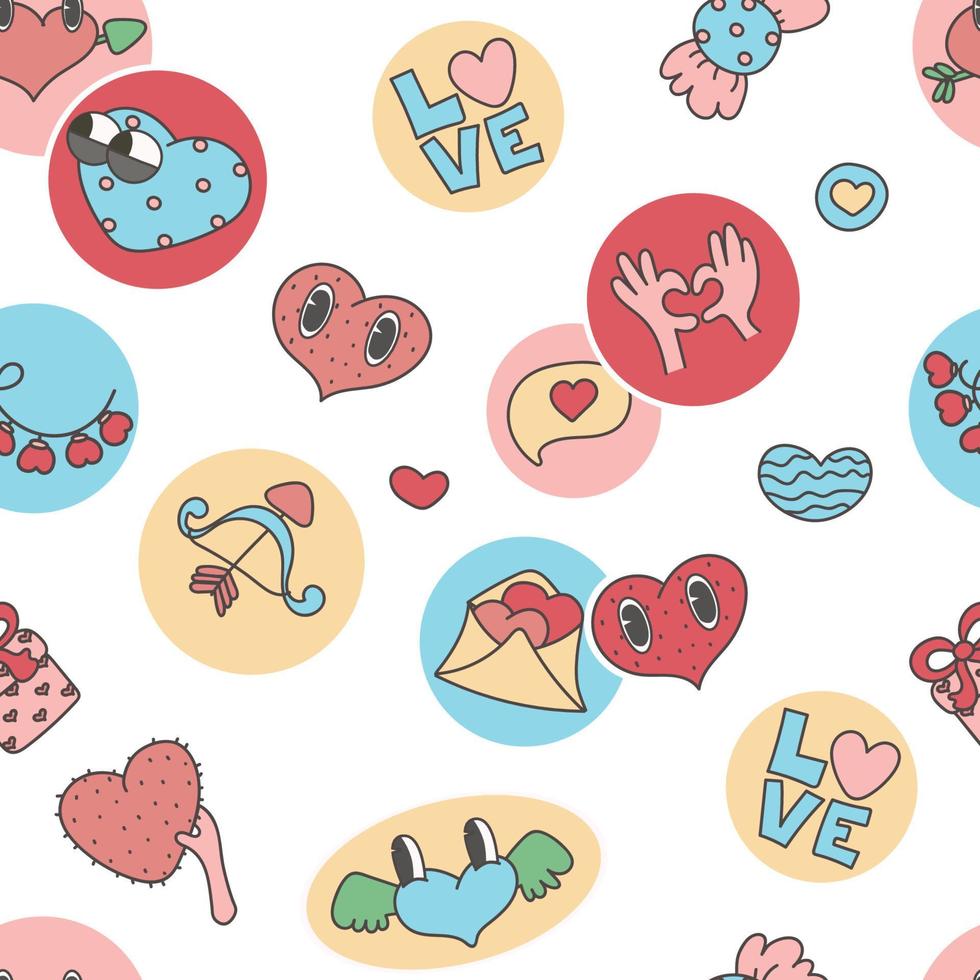 seamless pattern Various Patches, pins, stamps or Stickers.  Funny cute  comic Characters.  love, valentenes day background. Hand drawn trendy Vector illustration. Cartoon style.