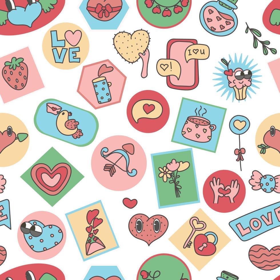 seamless pattern Various Patches, pins, stamps or Stickers.  Funny cute  comic Characters.  love, valentenes day background. Hand drawn trendy Vector illustration.  Abstract square seamless Pattern