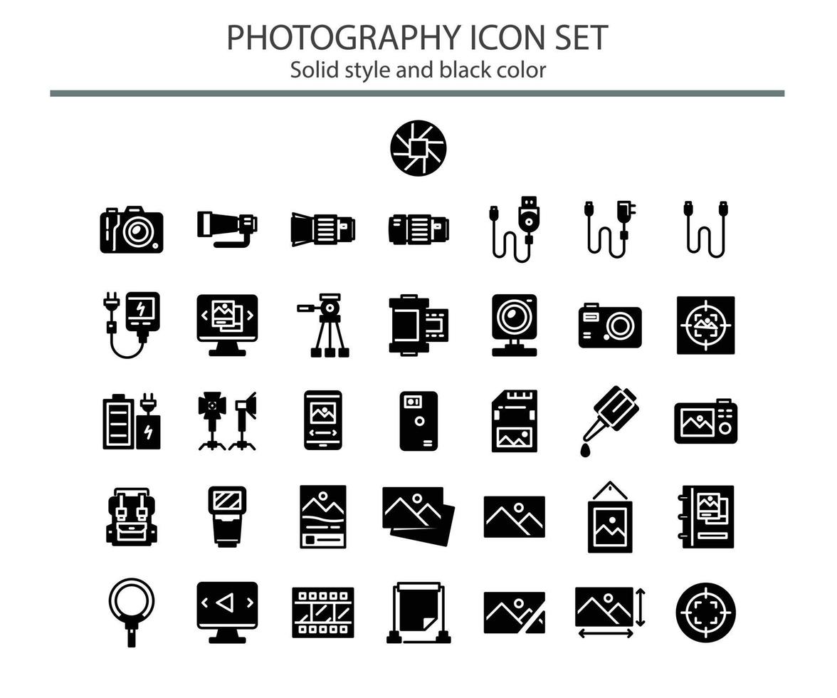 paquete de iconos de fotografía en estilo sólido vector