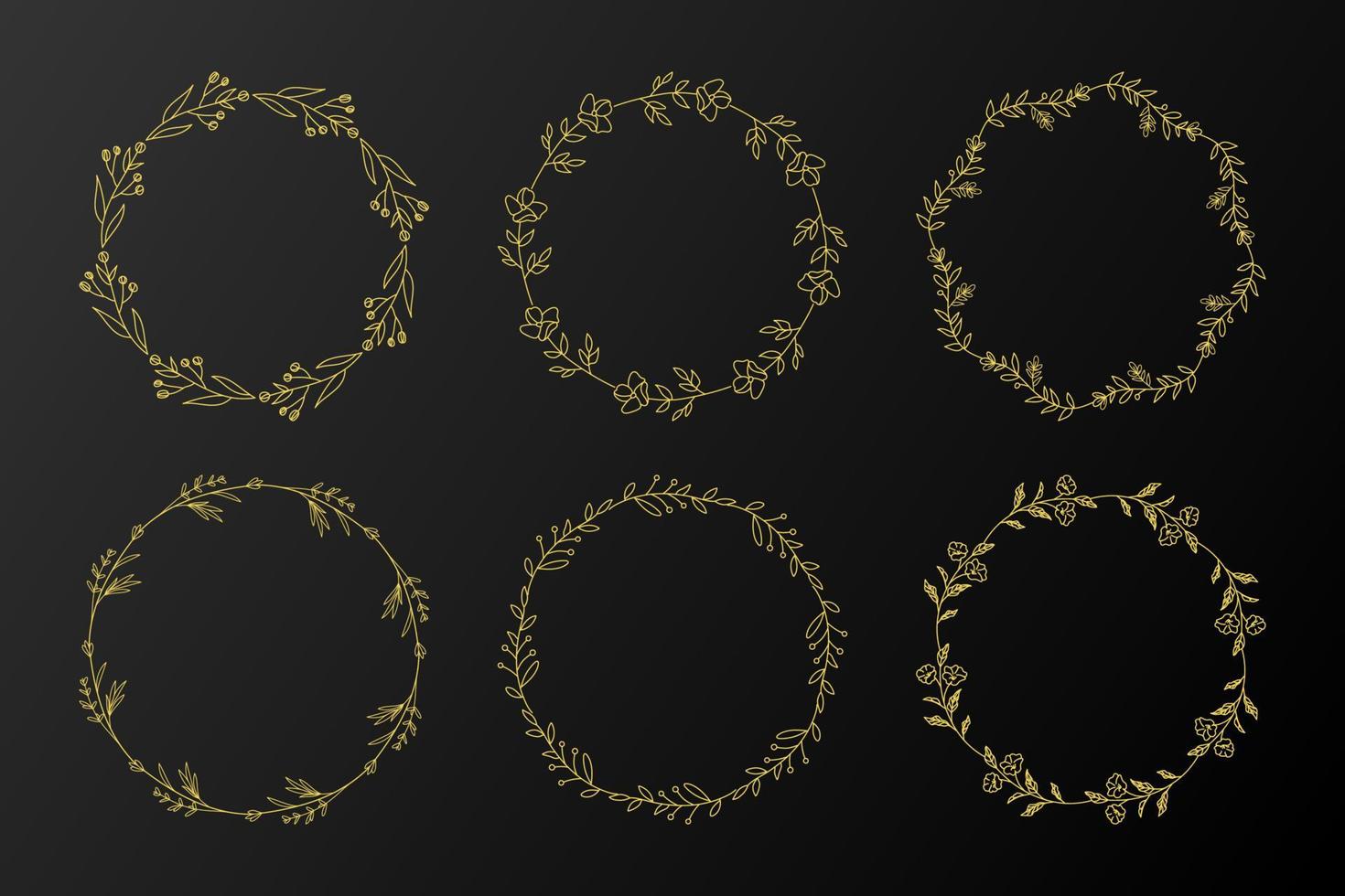 conjunto de 6 coronas florales doradas dibujadas a mano y marco de laureles vector